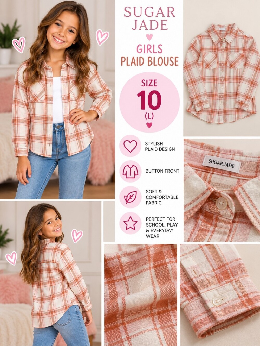 Sugar jade girls size 10 pink plaid button Blouse #01